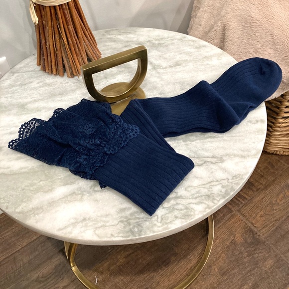 'All Laced Up' Blue Knee High Lace Ribbed Socks - Picture 6 of 8